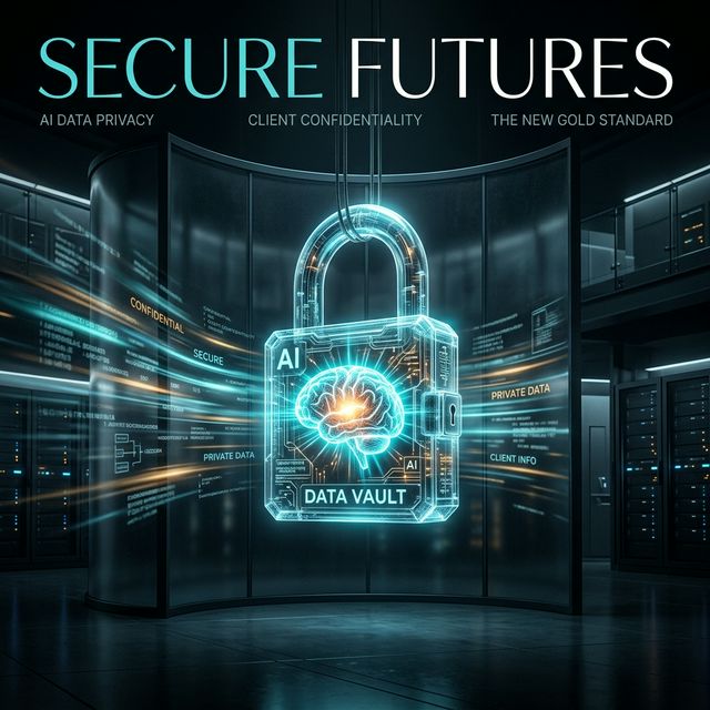 A high-tech translucent data vault shaped like a padlock containing a glowing AI brain, surrounded by secure data streams.