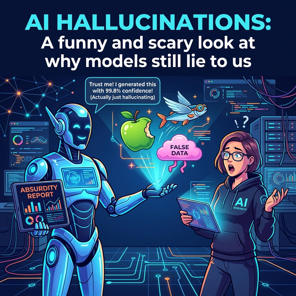 A sleek AI robot confidently projecting a completely absurd, surreal hologram to a surprised human analyst, symbolizing AI hallucinations.
