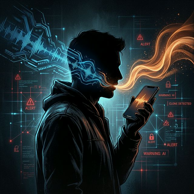 A silhouette talking into a smartphone emitting digitized sound waves transitioning from mechanical blue to warm organic orange, warning of AI voice cloning.