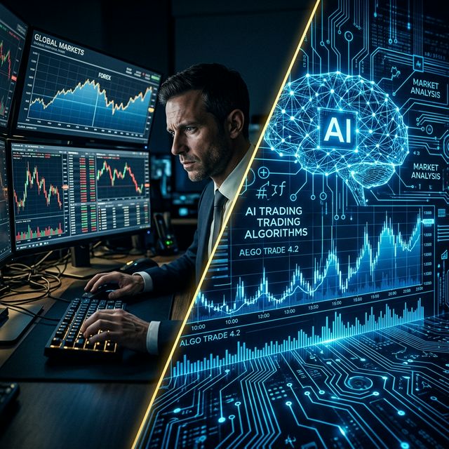 Split-screen showing a human trader analysing market charts on the left, and an AI neural network processing trading algorithms on the right.