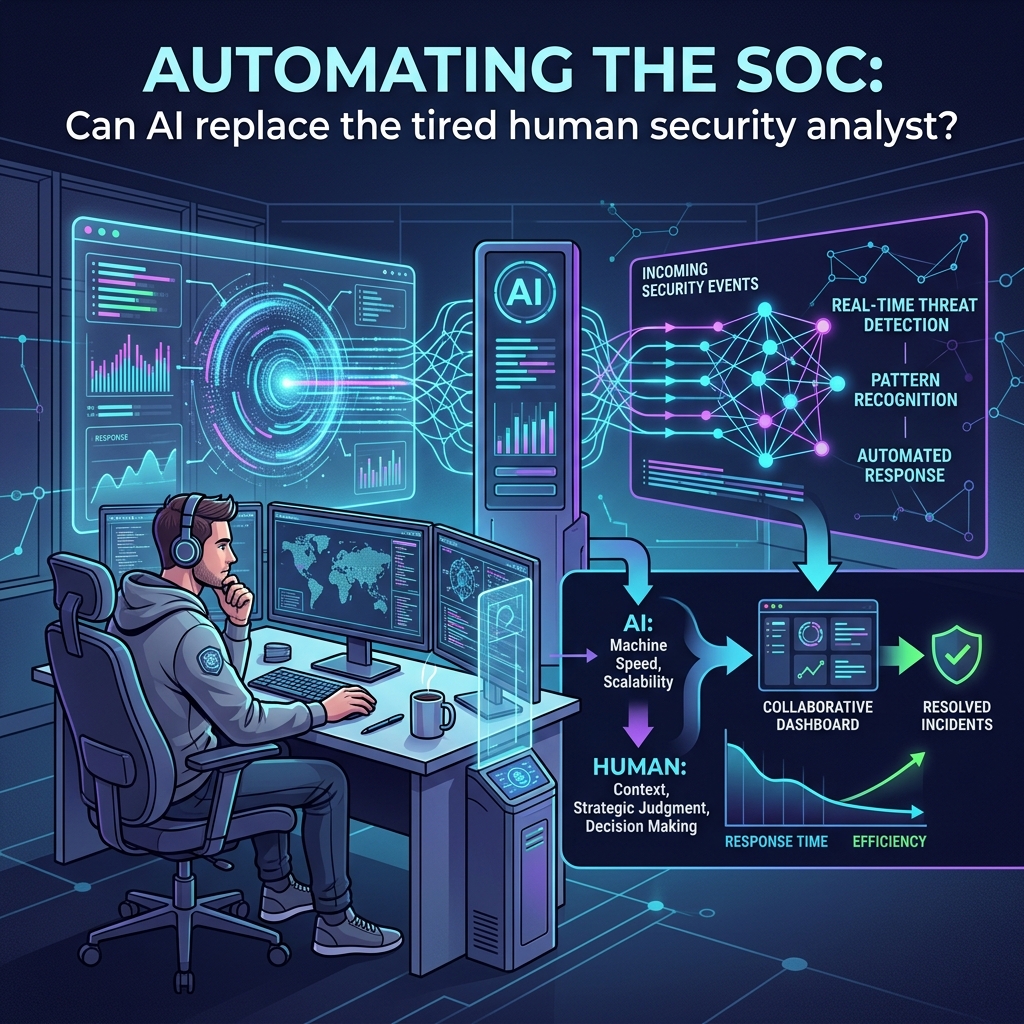A futuristic Security Operations Center with glowing AI interfaces seamlessly working alongside a human analyst.