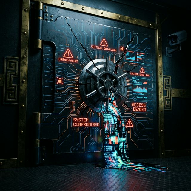 A cracked digital bank vault door with cascading data streams and breach alert warnings overlaid on circuit board patterns.