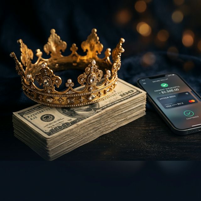 A golden crown resting on a stack of dollar bills beside a digital payment phone — symbolising the debate between cash and cashless finance.