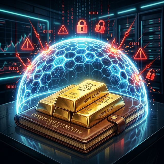 Gold bars and a luxury asset portfolio shielded by a glowing digital energy dome deflecting malicious red cyber attacks and phishing hooks.