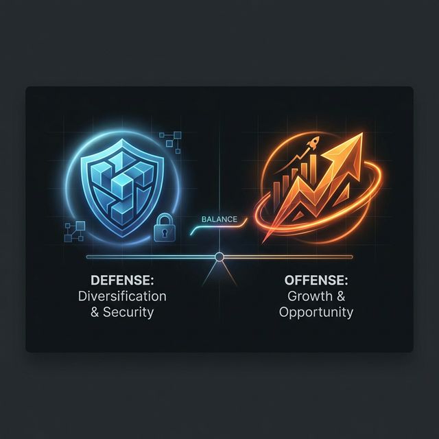 A minimalist, dynamic abstract representation of balancing defense and offense in investing.