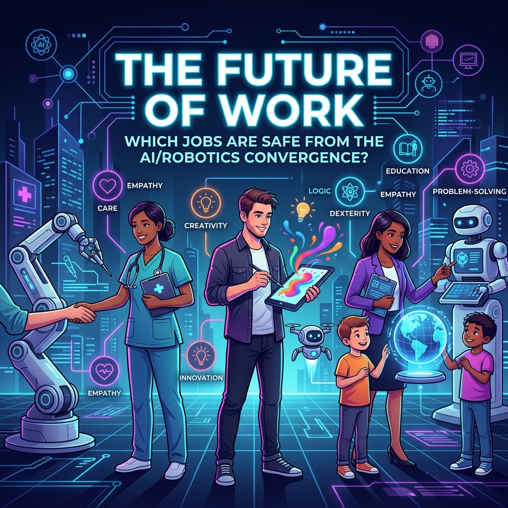 A human healthcare worker, teacher, and artist standing confidently alongside robotic and AI elements, symbolizing uniquely human skills.