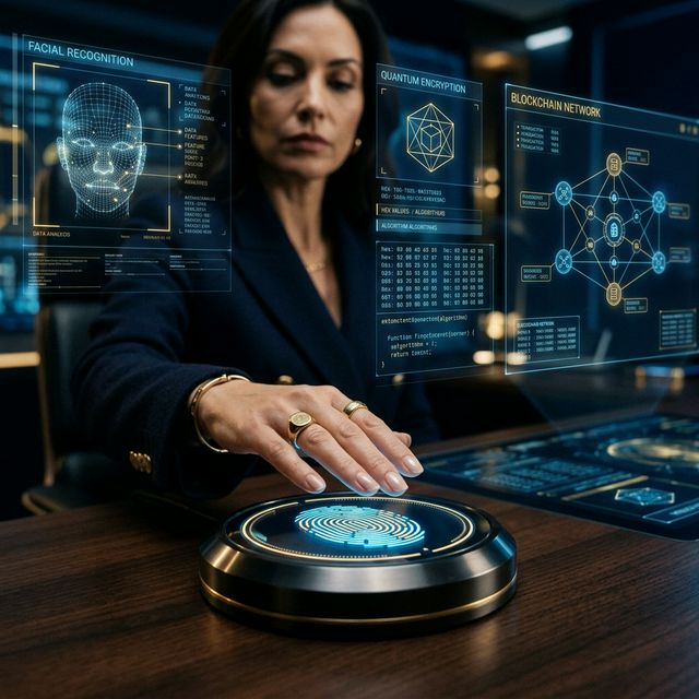 A high net worth individual using a biometric fingerprint scanner with holographic facial recognition, quantum encryption, and blockchain identity overlays in the background.