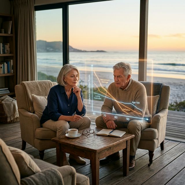 An older couple evaluating a financial chart showing retirement wealth projections reaching age 100.
