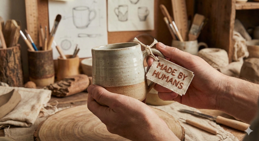 Handcrafted pottery with 'Made by Humans' tag