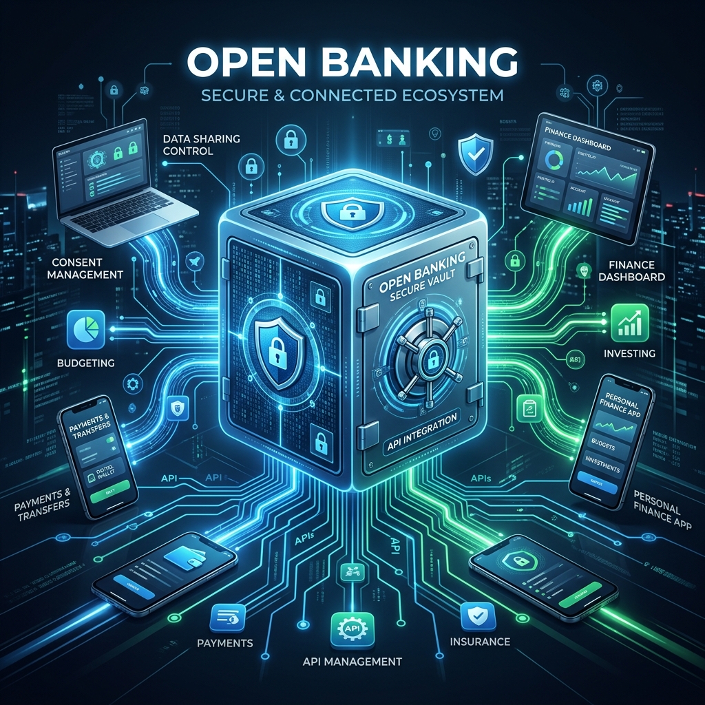 A conceptual illustration of a glowing digital banking vault connecting via data streams to various modern fintech apps and mobile interfaces.
