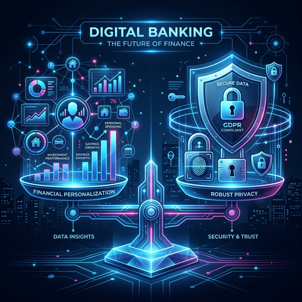 A futuristic scale balancing glowing data nodes and personalized charts against a secure digital lock and shield, representing privacy.