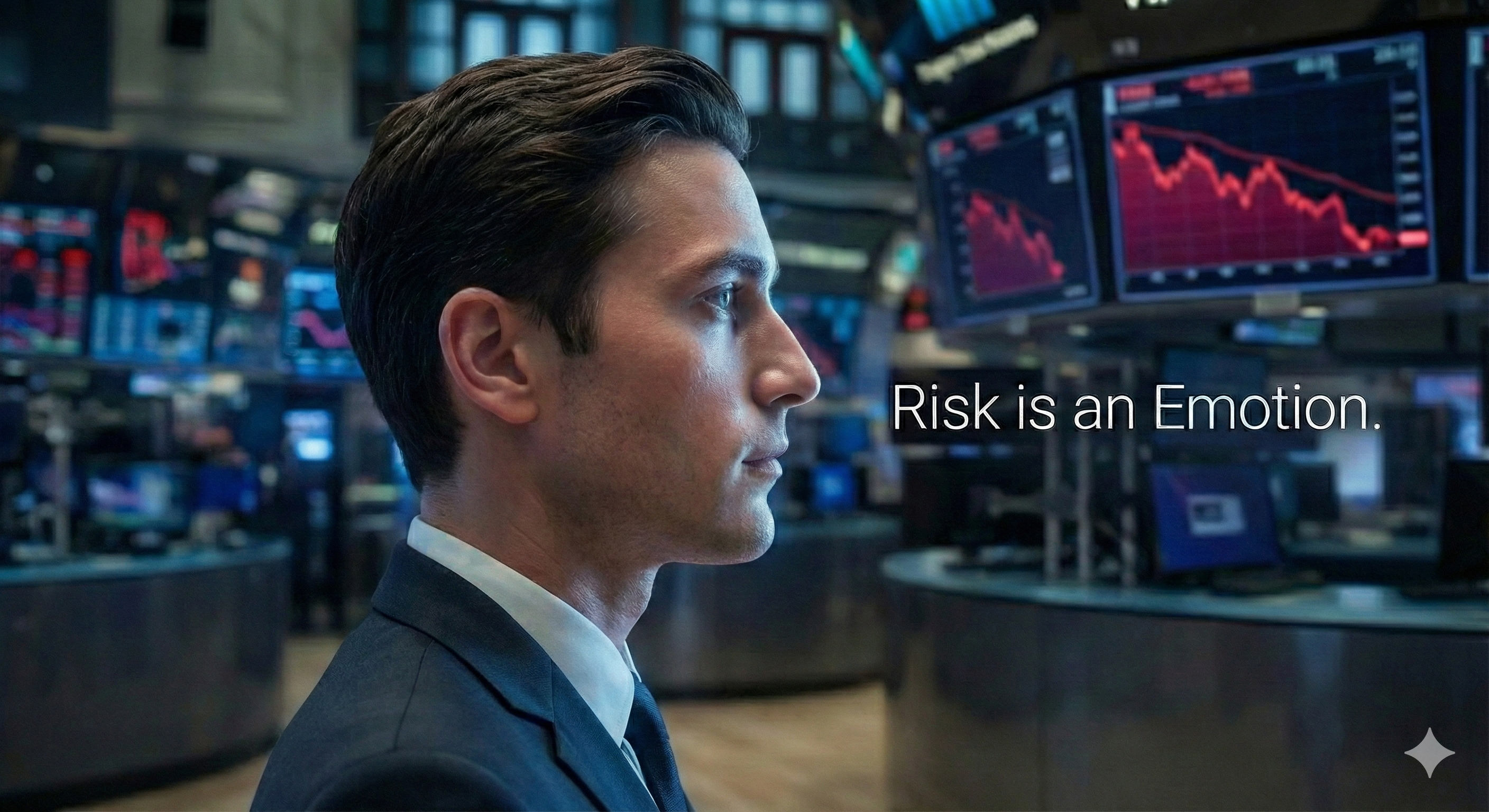 Man in suit looking at stock market screens with text overlay 'Risk is an Emotion'.