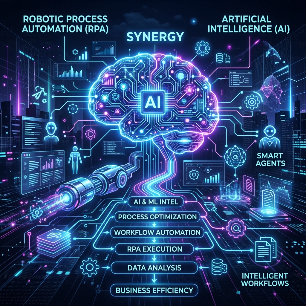 A futuristic representation of RPA bots and AI brains working together to automate complex business tasks.