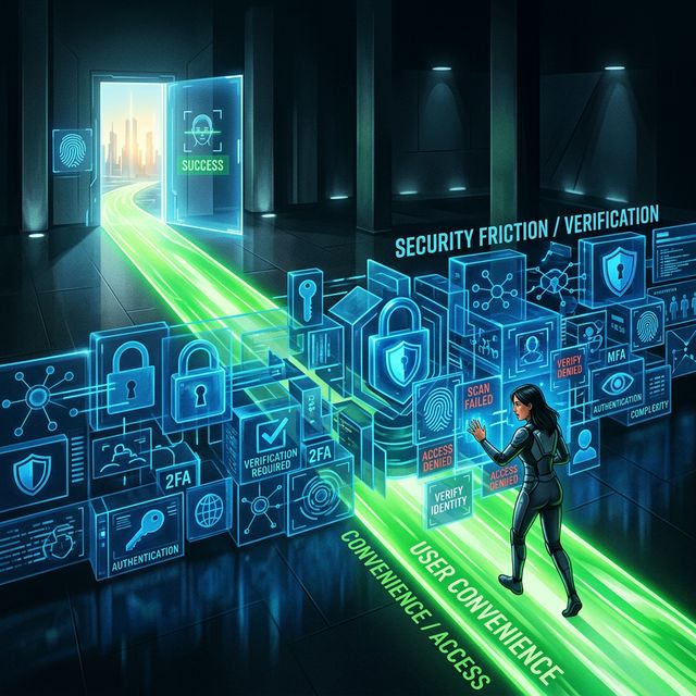 A conceptual visualization of a glowing green pathway representing user convenience, slightly blocked by complex blue digital locks representing security friction.