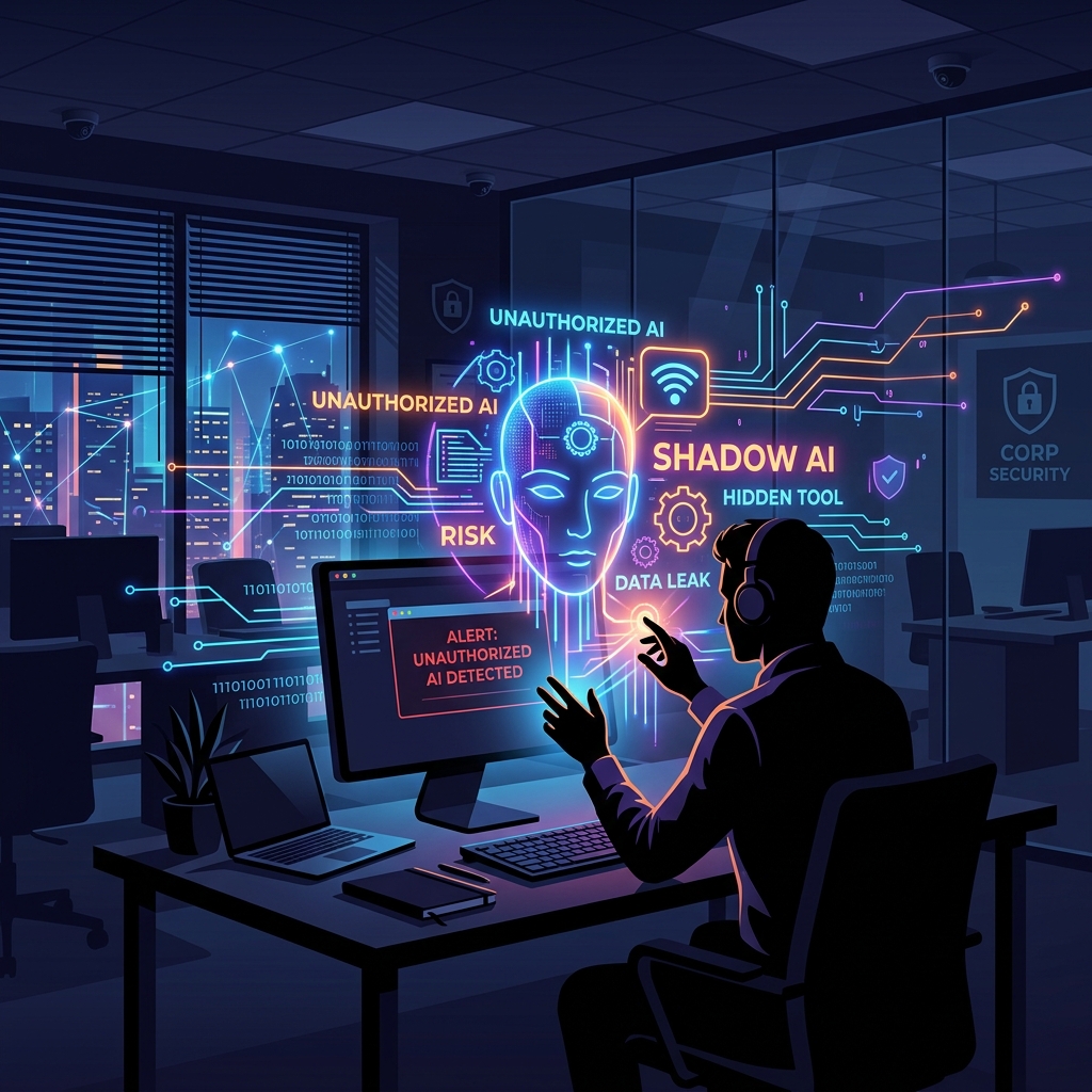 Silhouette of an office worker secretly interacting with an unauthorized AI hologram hidden in the shadows.