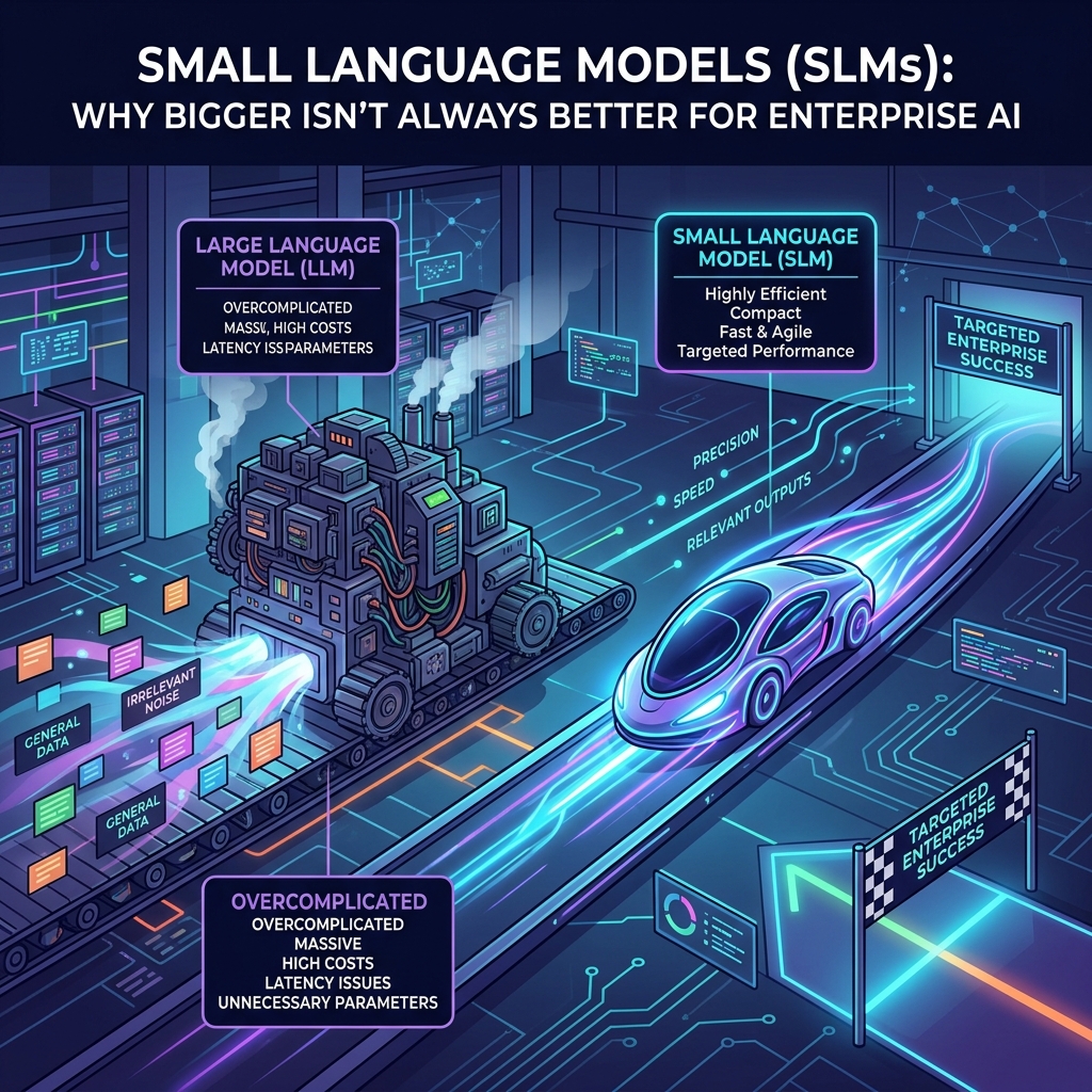A sleek, highly efficient AI node representing an SLM outmaneuvering a massive, clunky machine representing an LLM in a data center.