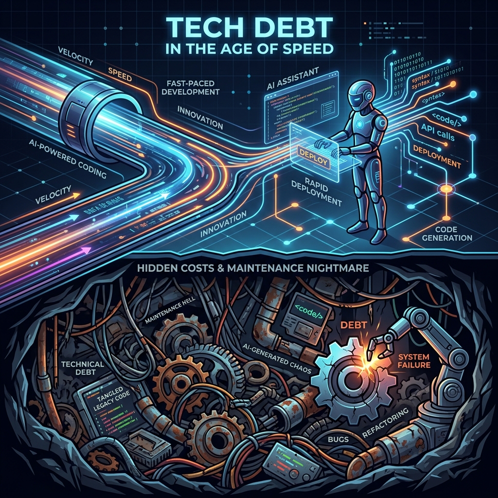 A fast-moving futuristic software environment with hidden tangled wires underneath, symbolizing technical debt.