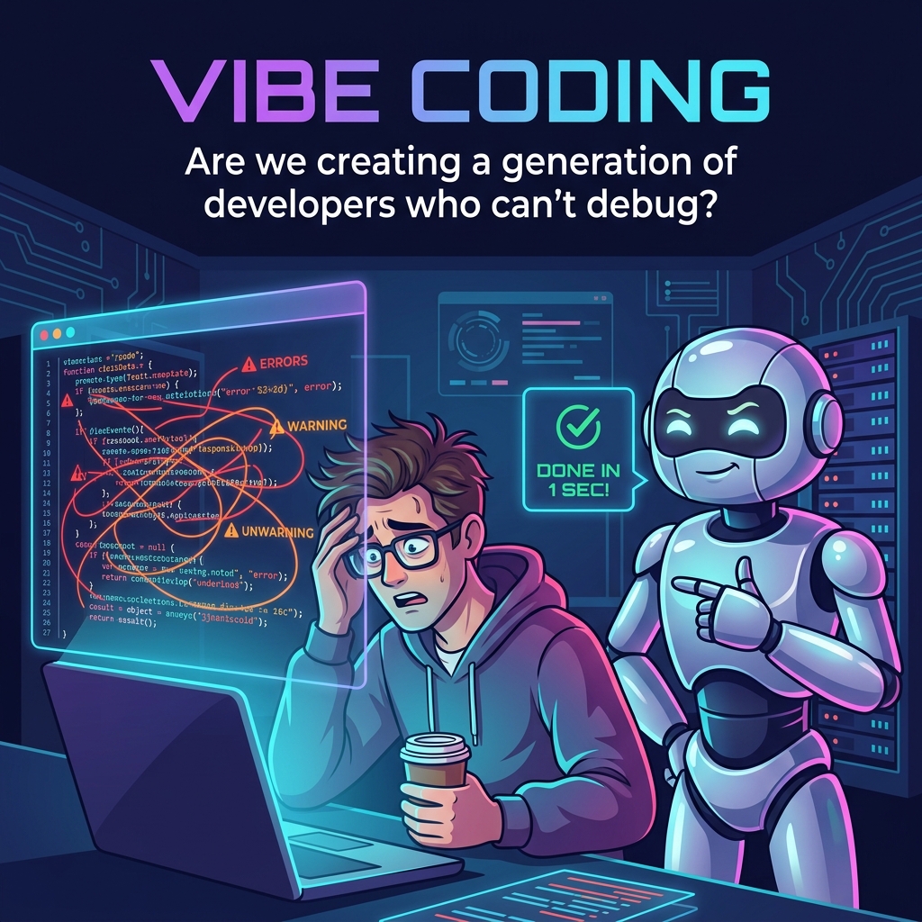 A frustrated human developer staring at a tangled mess of buggy code generated by a proud AI robot.